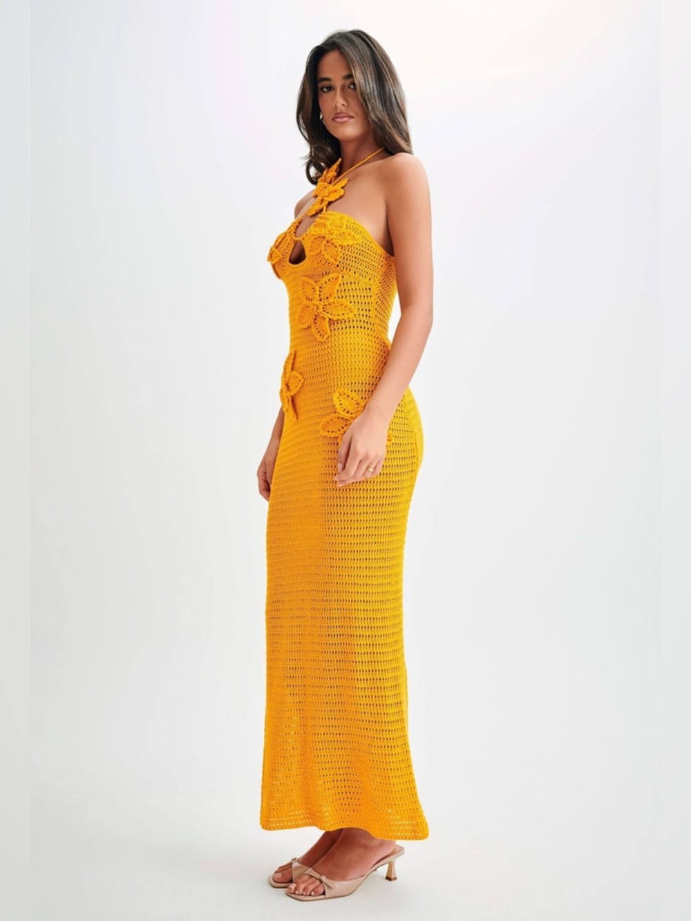 Meshki Kyla Crochet orange Halter Maxi Dress Sz small Floral Applique boho - Picture 5 of 13